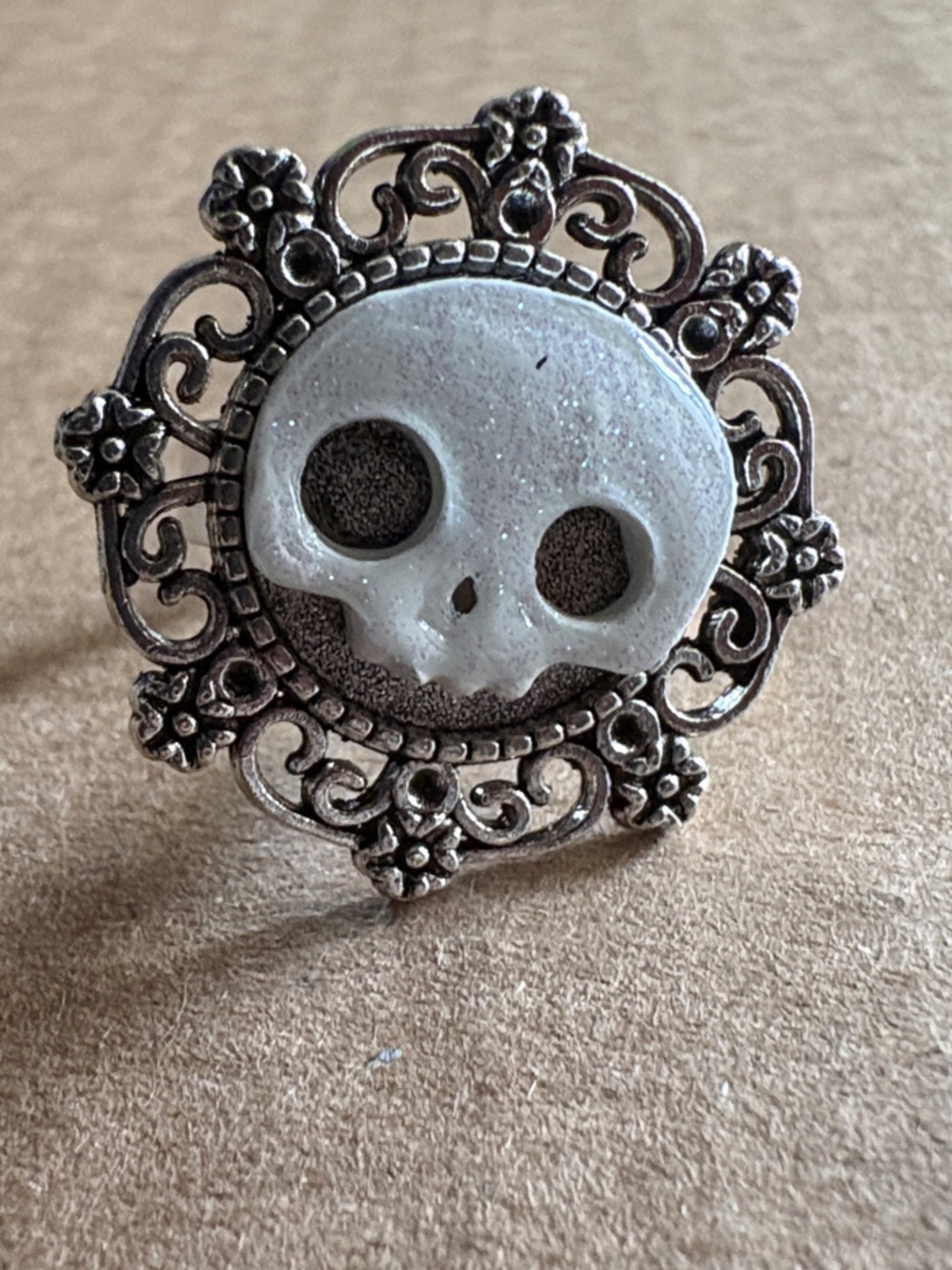 Adjustable Hand-Crafted Glitter Skull (By Killer Kat Designs) Ring in Silver